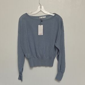 Mango Stone Silver Grsy  Boat Neck Bishops Long Sleeve Knitted Top Sz S Sweater